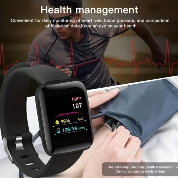 Montre intelligente multifonction pour hommes, femmes et enfants – Notifications, contrôle de la musique, sport, podomètre, compteur de calories, alarme – Modèle D13 / 116Plus – Image 3
