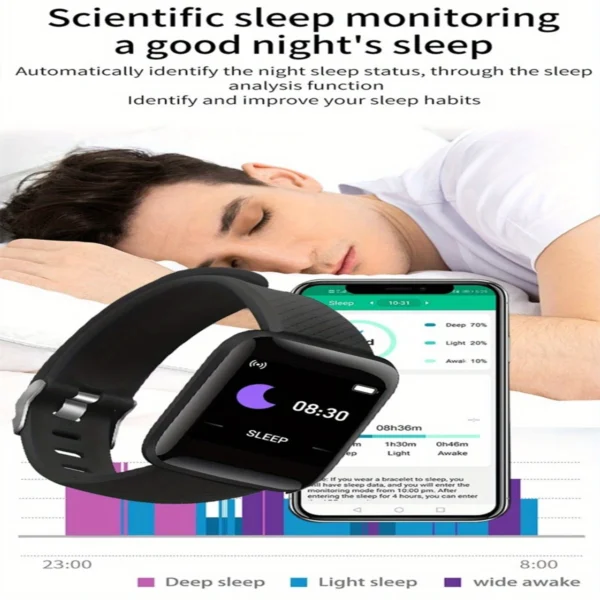 Montre intelligente multifonction pour hommes, femmes et enfants – Notifications, contrôle de la musique, sport, podomètre, compteur de calories, alarme – Modèle D13 / 116Plus – Image 20