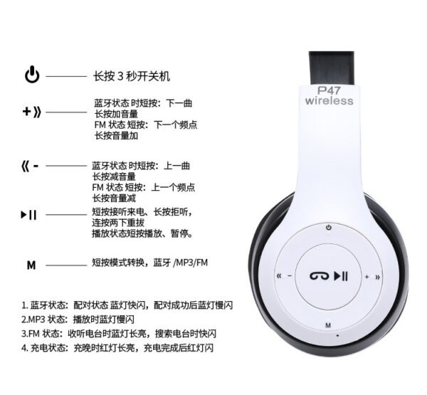 Casque stéréo P47 Bluetooth 5.0 – Sans fil, pliable, idéal pour le sport et le gaming – Compatible iPhone, Xiaomi et autres appareils. – Image 22
