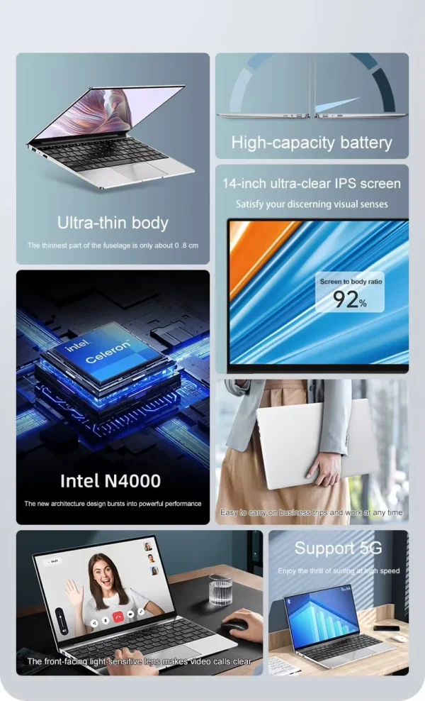 Laptop Computer Windows 11 Pro Intel Celeron N4000 2025 Notebook PC Gamer 12GB DDR4 512GB 1TB SSD 1920*1080 Office Computer PC – Image 9