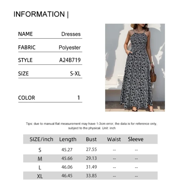 2025 Summer New Women's Vacation Casual Random Printed Suspenders Long Skirt with Pockets Polyester Pullover Basic – Image 6
