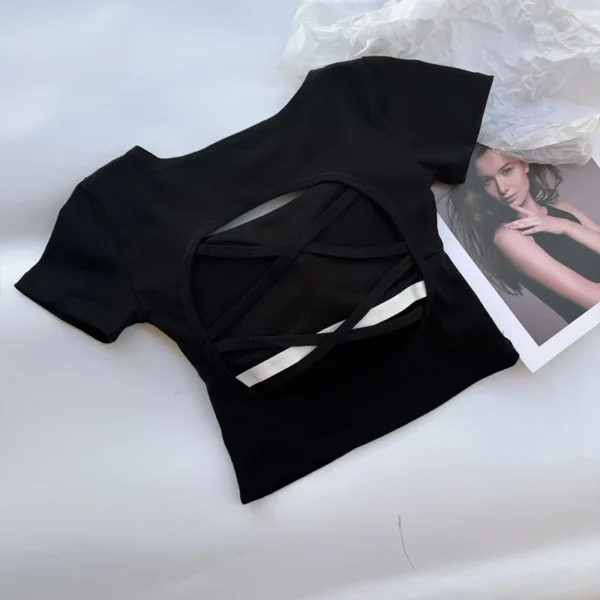 T-shirt Woman clothing Square Neckline tops Short Sleeve crop top with bras for women girls sexy street wear Backless top tees – Image 9