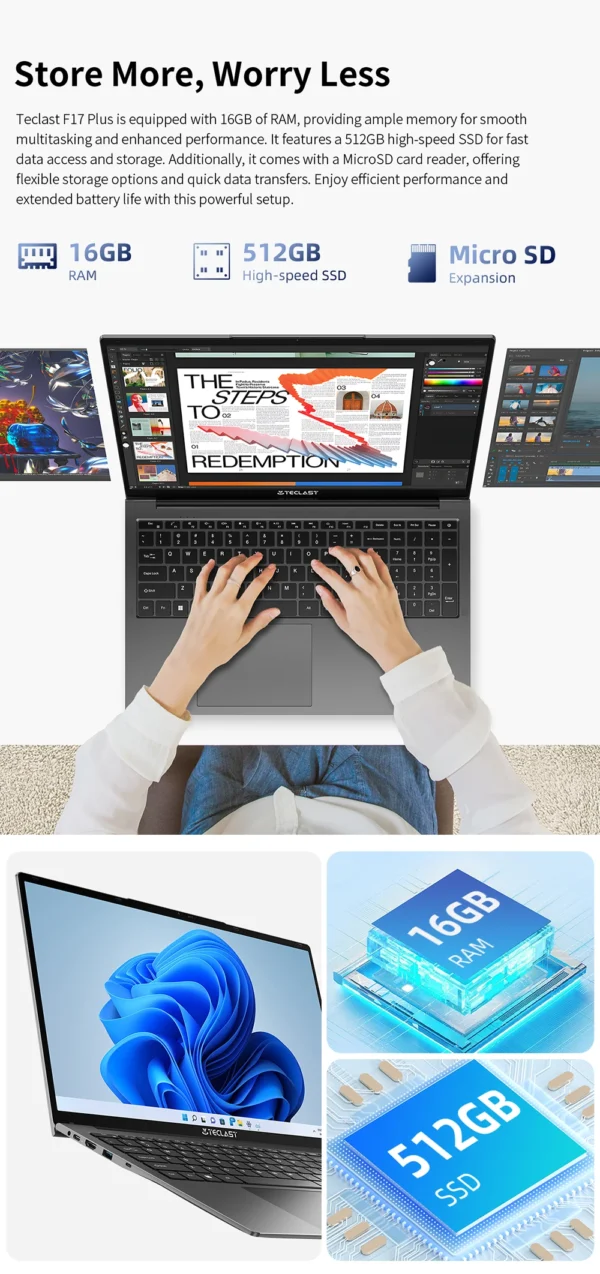 Teclast F17Plus 17.3 inch Laptop Intel N95 16GB RAM 512GB SSD Windows 11 Notebook 180° Flip Computer Backlit Keyboard mini-HDMI – Image 18