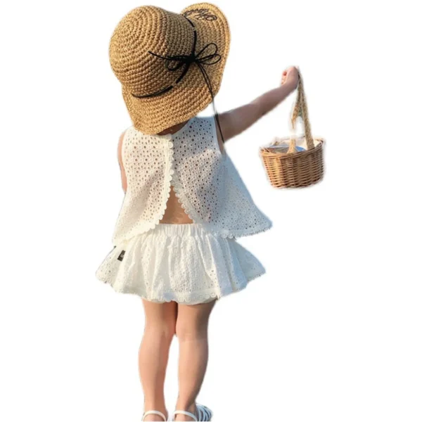 Ensemble été 2025 pour filles – Tenue en dentelle ajourée pour bébé, t-shirt sans manches + short – Vêtements décontractés pour enfants – Image 3