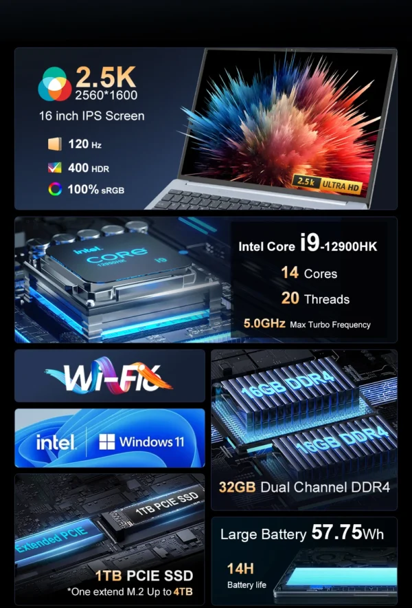 Laptop 16 inch 2.5K 120Hz Intel Core i9-12900HK WiFi 6 32GB RAM 1TB SSD Laptop Windows 11 pro Notebook Office Computer – Image 8