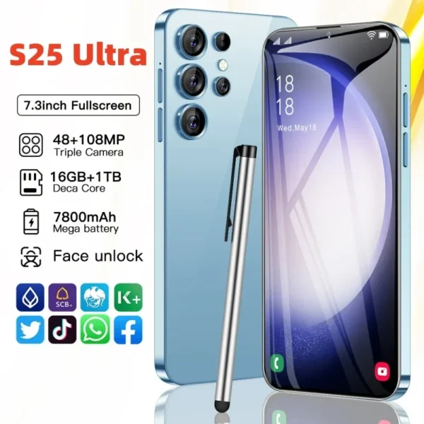 Mobile Phones S25 Ultra 7.3 HD Screen Smart Phone Original 22G+2T 5G Dual Sim Celulares Android Unlocked 108MP 7800mAh S24 Ultra