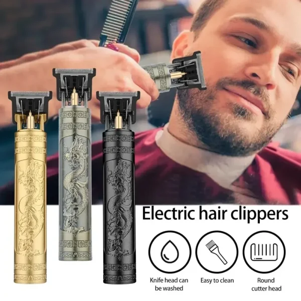 Tondeuse électrique vintage T9 – Rasoir professionnel rechargeable pour hommes – Coupe de cheveux précise, design Dragon ou Bouddha, idéale pour barbiers