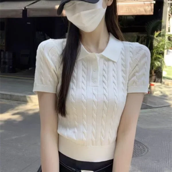 Fine imitation wool short-sleeved women's Polo neck Slim look younger knitted T-shirt summer Retro clothing twist short sweater – Image 3