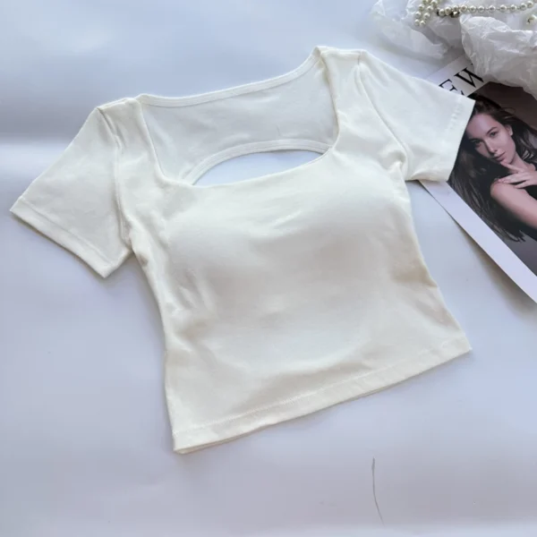 T-shirt Woman clothing Square Neckline tops Short Sleeve crop top with bras for women girls sexy street wear Backless top tees – Image 7