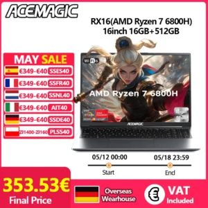 ACEMAGIC Gaming Laptop Computer 16 Inch FHD Display AMD Ryzen 7 6800H Processor 16GB RAM DDR5 4800MHz 512GB SSD Gaming Notebook