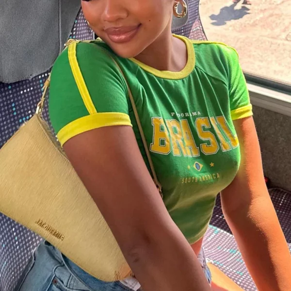 2024 Retro Street Aesthetic Baby T-shirt Women Green Brazil Letters Print Crop Tops Casual Slim Short Sleeve Y2k Clothes E-girls – Image 4