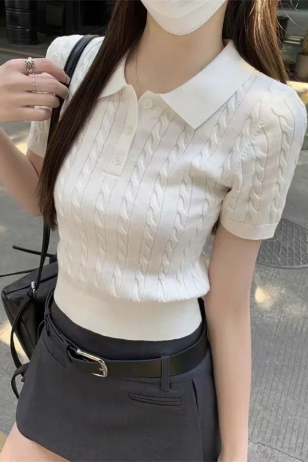 Fine imitation wool short-sleeved women's Polo neck Slim look younger knitted T-shirt summer Retro clothing twist short sweater – Image 7