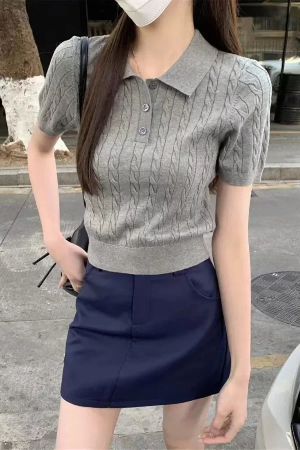 Fine imitation wool short-sleeved women's Polo neck Slim look younger knitted T-shirt summer Retro clothing twist short sweater – Image 14