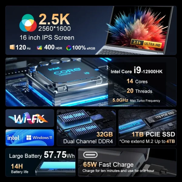 Laptop 16 inch 2.5K 120Hz Intel Core i9-12900HK WiFi 6 32GB RAM 1TB SSD Laptop Windows 11 pro Notebook Office Computer – Image 2