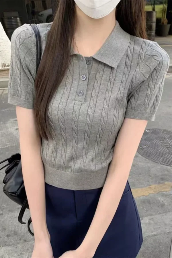 Fine imitation wool short-sleeved women's Polo neck Slim look younger knitted T-shirt summer Retro clothing twist short sweater – Image 13