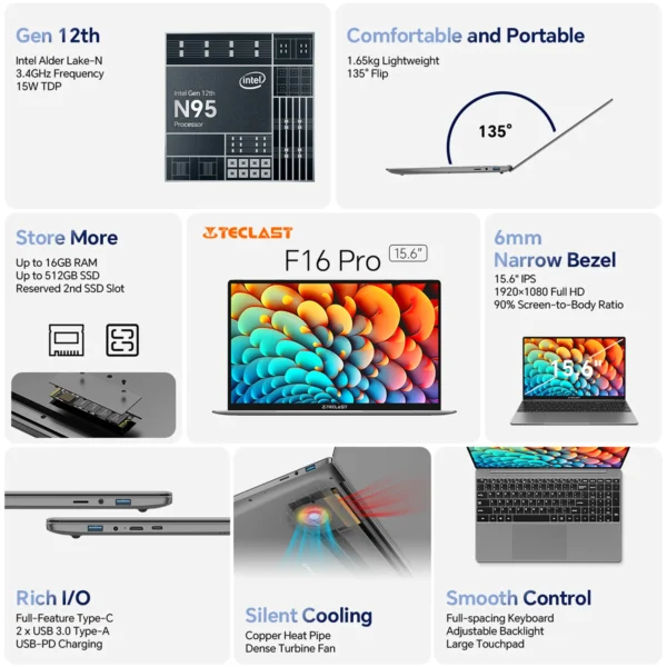 TECLAST F16Pro Laptop 15.6 inch, 16GB RAM 512GB SSD Computers, for Intel N95 CPU, IPS FHD 1080P Screen, WiFi 6, BT 5.0, USB3.2, Backlit Keyboard, 38000mWh – Image 2