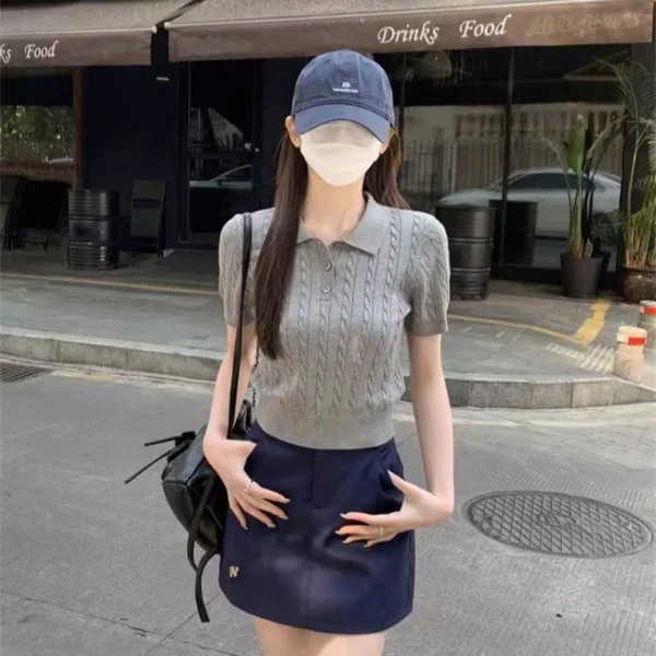 Fine imitation wool short-sleeved women's Polo neck Slim look younger knitted T-shirt summer Retro clothing twist short sweater – Image 12