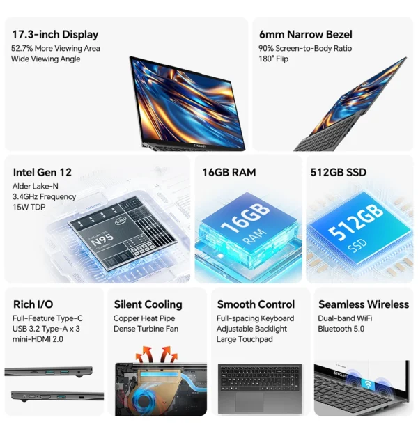 Teclast F17Plus 17.3 inch Laptop Intel N95 16GB RAM 512GB SSD Windows 11 Notebook 180° Flip Computer Backlit Keyboard mini-HDMI – Image 10