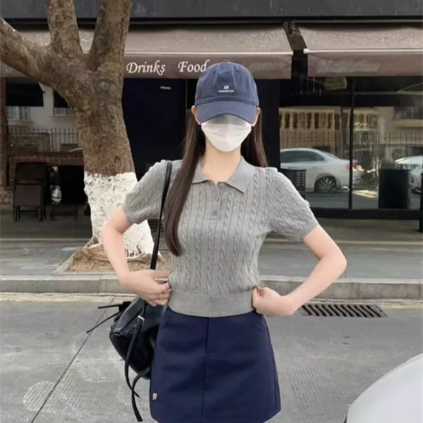 Fine imitation wool short-sleeved women's Polo neck Slim look younger knitted T-shirt summer Retro clothing twist short sweater – Image 10