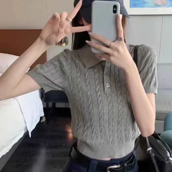 Fine imitation wool short-sleeved women's Polo neck Slim look younger knitted T-shirt summer Retro clothing twist short sweater – Image 17