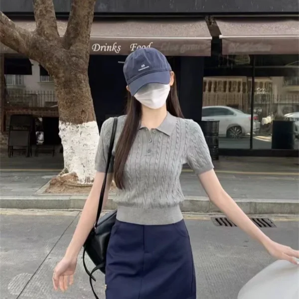 Fine imitation wool short-sleeved women's Polo neck Slim look younger knitted T-shirt summer Retro clothing twist short sweater – Image 11