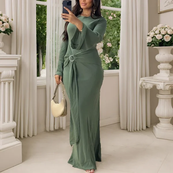 Robe vintage femme – Longue robe unie à col rond, élégante, ajustée avec laçage, manches longues – Style ethnique chic pour le printemps, l'automne ou les soirées – Image 8