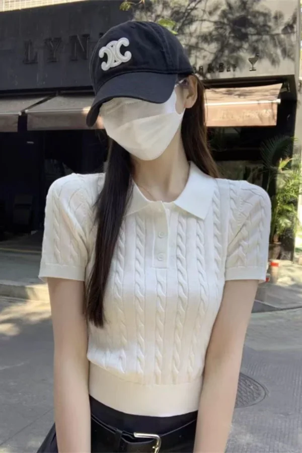 Fine imitation wool short-sleeved women's Polo neck Slim look younger knitted T-shirt summer Retro clothing twist short sweater – Image 8