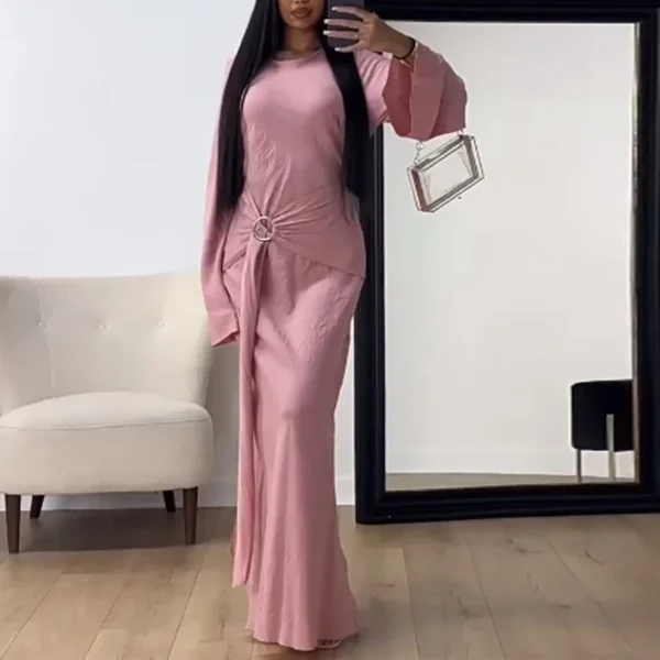 Robe vintage femme – Longue robe unie à col rond, élégante, ajustée avec laçage, manches longues – Style ethnique chic pour le printemps, l'automne ou les soirées – Image 4