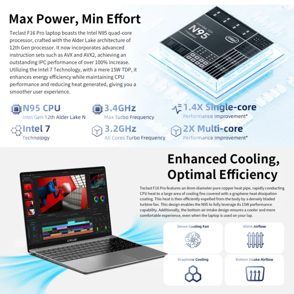 TECLAST F16Pro Laptop 15.6 inch, 16GB RAM 512GB SSD Computers, for Intel N95 CPU, IPS FHD 1080P Screen, WiFi 6, BT 5.0, USB3.2, Backlit Keyboard, 38000mWh – Image 3