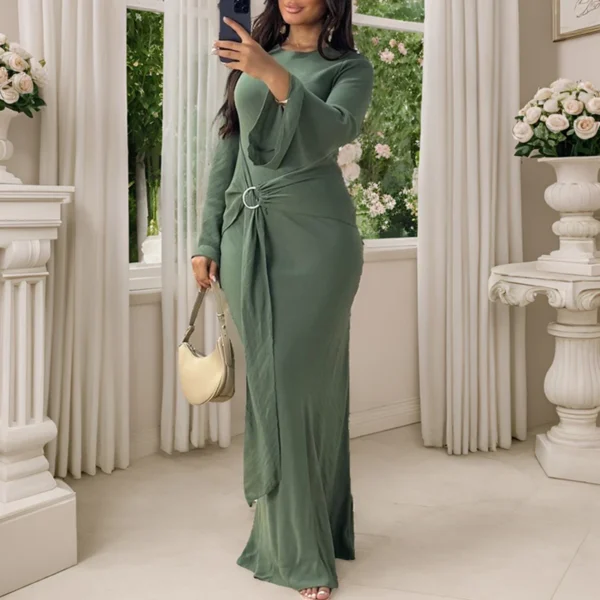 Robe vintage femme – Longue robe unie à col rond, élégante, ajustée avec laçage, manches longues – Style ethnique chic pour le printemps, l'automne ou les soirées – Image 2