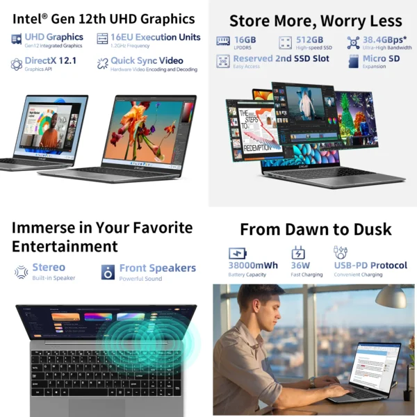 TECLAST F16Pro Laptop 15.6 inch, 16GB RAM 512GB SSD Computers, for Intel N95 CPU, IPS FHD 1080P Screen, WiFi 6, BT 5.0, USB3.2, Backlit Keyboard, 38000mWh – Image 4