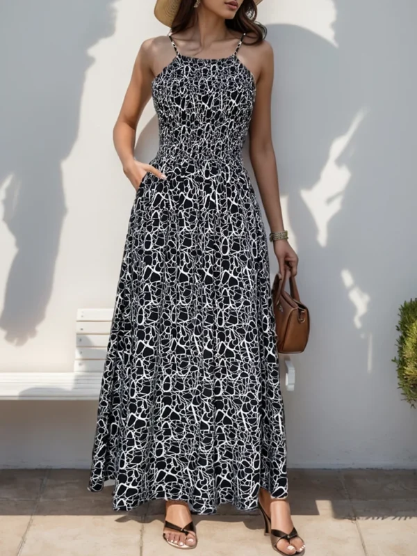 2025 Summer New Women's Vacation Casual Random Printed Suspenders Long Skirt with Pockets Polyester Pullover Basic