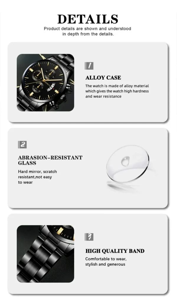 Fashion Men Black Stainless Steel Watch Luxury Calendar Quartz Wrist Watch Mens Business Watches for Man Clock Relogio Masculino – Image 16