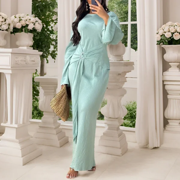Robe vintage femme – Longue robe unie à col rond, élégante, ajustée avec laçage, manches longues – Style ethnique chic pour le printemps, l'automne ou les soirées – Image 3
