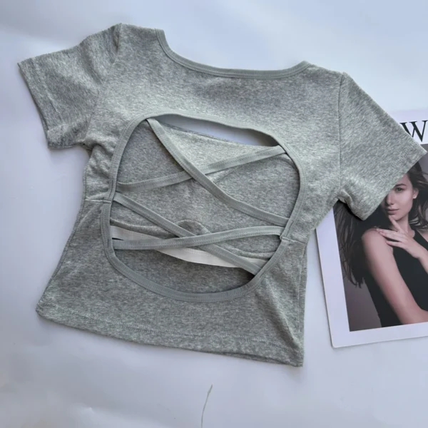 T-shirt Woman clothing Square Neckline tops Short Sleeve crop top with bras for women girls sexy street wear Backless top tees – Image 10