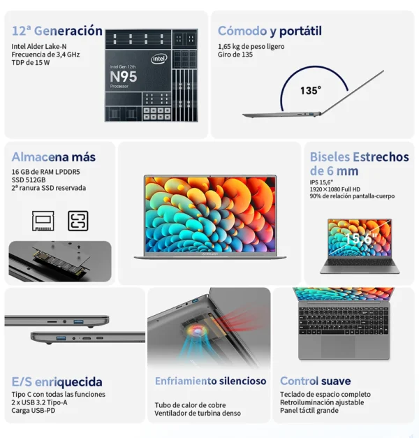 TECLAST F16Pro Laptop 15.6 inch, 16GB RAM 512GB SSD Computers, for Intel N95 CPU, IPS FHD 1080P Screen, WiFi 6, BT 5.0, USB3.2, Backlit Keyboard, 38000mWh – Image 10