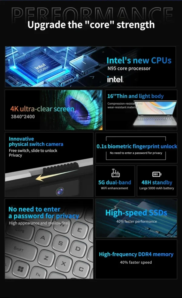 16"Gaming Laptop-Intel Celeron N95 4K HD 120Hz 32GB RAM 2TB SSD Windows 11 Fingerprint Unlock High-Performance Office&Gaming PC – Image 17