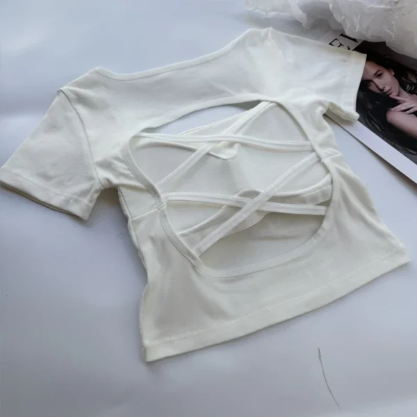 T-shirt Woman clothing Square Neckline tops Short Sleeve crop top with bras for women girls sexy street wear Backless top tees – Image 11