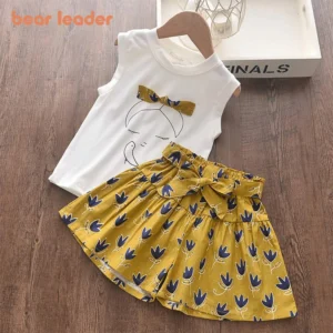 Ensemble vêtements fille Bear Leader – Nouvelle collection été, tenue décontractée 2 pièces : haut + pantalon – Mode enfant pour filles de 3 à 7 ans