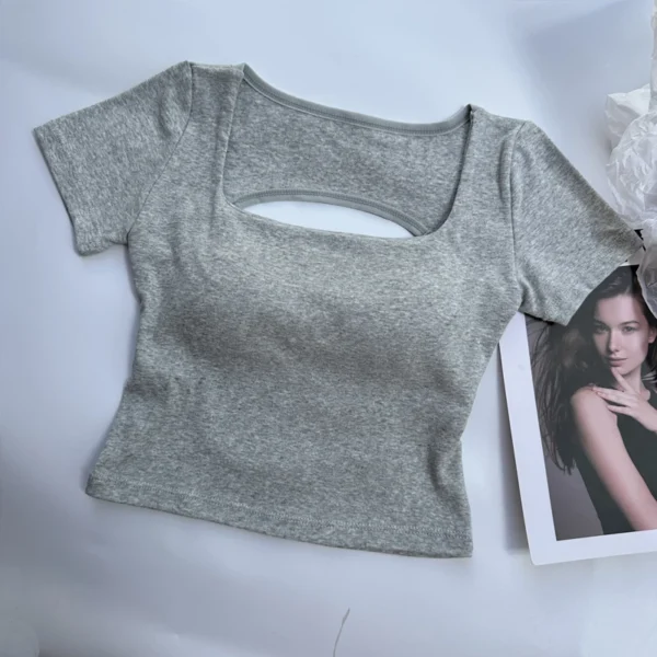 T-shirt Woman clothing Square Neckline tops Short Sleeve crop top with bras for women girls sexy street wear Backless top tees – Image 5