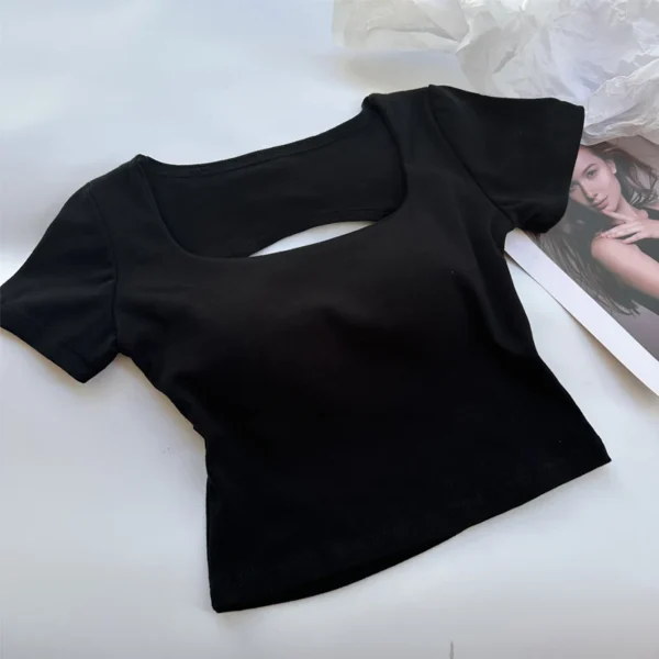 T-shirt Woman clothing Square Neckline tops Short Sleeve crop top with bras for women girls sexy street wear Backless top tees – Image 6