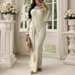 Robe vintage femme – Longue robe unie à col rond, élégante, ajustée avec laçage, manches longues – Style ethnique chic pour le printemps, l'automne ou les soirées