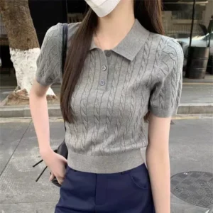 Fine imitation wool short-sleeved women's Polo neck Slim look younger knitted T-shirt summer Retro clothing twist short sweater