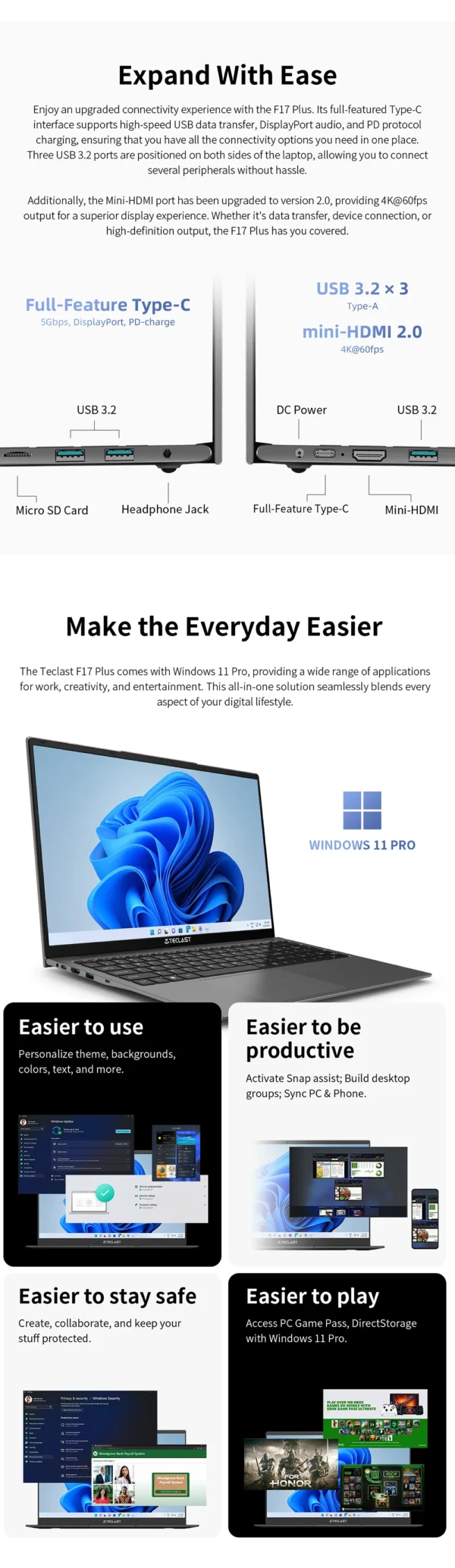 Teclast F17Plus 17.3 inch Laptop Intel N95 16GB RAM 512GB SSD Windows 11 Notebook 180° Flip Computer Backlit Keyboard mini-HDMI – Image 19