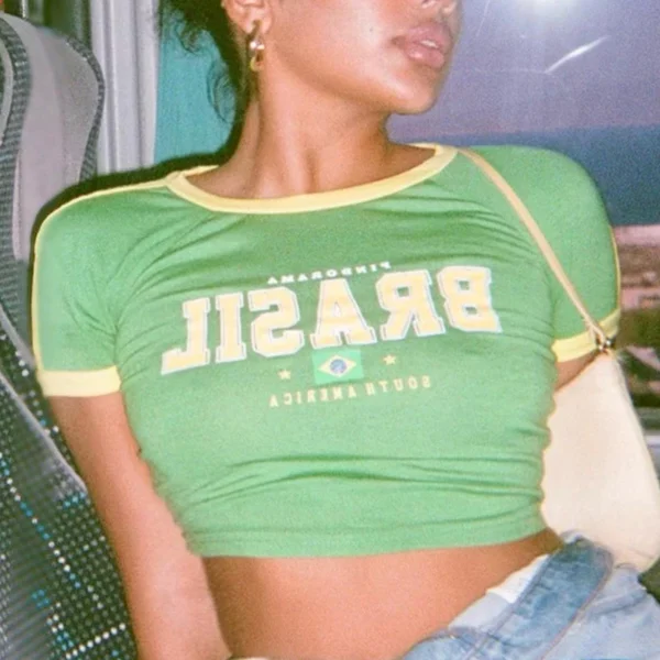 2024 Retro Street Aesthetic Baby T-shirt Women Green Brazil Letters Print Crop Tops Casual Slim Short Sleeve Y2k Clothes E-girls – Image 8