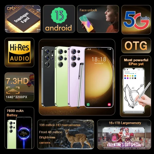 Mobile Phones S25 Ultra 7.3 HD Screen Smart Phone Original 22G+2T 5G Dual Sim Celulares Android Unlocked 108MP 7800mAh S24 Ultra – Image 2