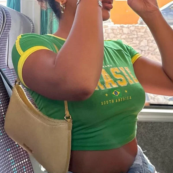 2024 Retro Street Aesthetic Baby T-shirt Women Green Brazil Letters Print Crop Tops Casual Slim Short Sleeve Y2k Clothes E-girls – Image 5