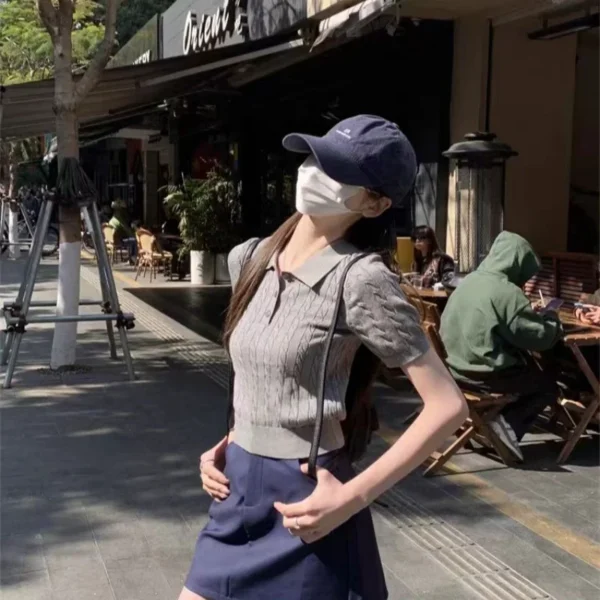 Fine imitation wool short-sleeved women's Polo neck Slim look younger knitted T-shirt summer Retro clothing twist short sweater – Image 6